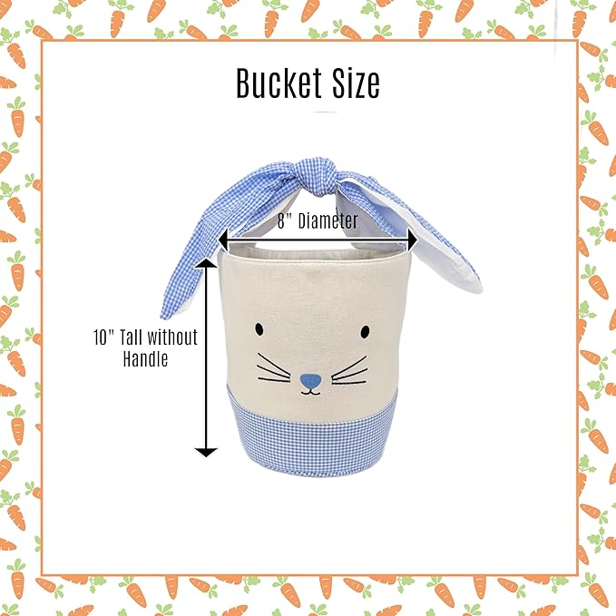 Easter Bunny Canvas Basket, Easter Egg Basket, Bunny Face, White with Gingham Pattern, 8x10 Inches, Foldable Tie Handle (Blue)