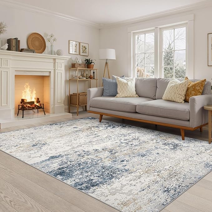 Area Rug Living Room Rugs - 5x7 Abstract Large Soft Indoor Washable Rug Neutral Modern Low Pile Carpet for Bedroom Dining Room Farmhouse Home Office - Beige Blue