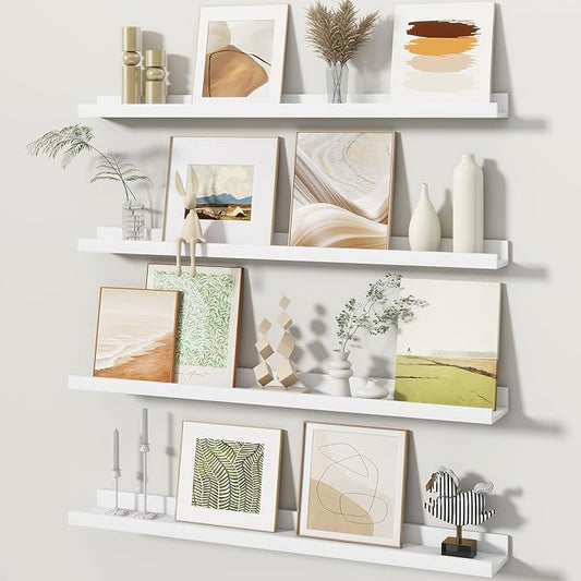Fun Memories Picture Ledge Shelves Set of 4, 32 Inch Rustic Wall Mounted Floating Shelves with Lip for Home Storage and Décor in Bathroom, Kitchen, Nursery, Bedroom, Living Room, White
