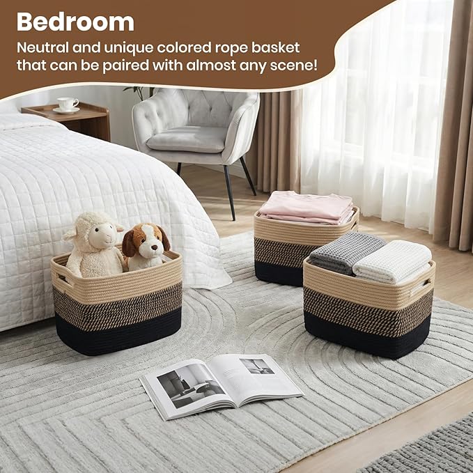 Storage Baskets for Organizing, 14 x 10 x 9” Closet Shelf Woven Baskets, Square Bins with Handles, Cotton Rope Basket for Toys, Clothes, Office, Room, Black+Brown 4 Pack