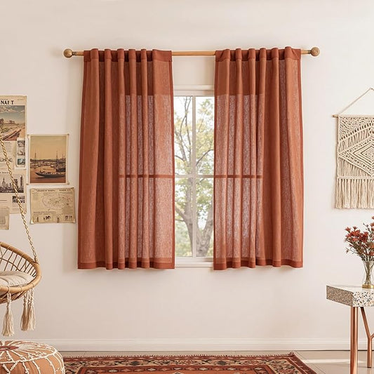 MYSKY HOME Sheer Linen Curtains 63 Inch Length for Bedroom, Light Filtering Privacy Drapes, Short Curtains for Small Window Back Tab Soft Touch Style Texture for Closet/Kitchen, Terracotta, 50"x63"
