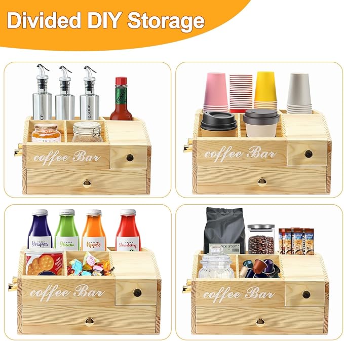 Coffee Station Organizer - Farmhouse Wood Kcup Holder for Counter, Countertop Snack Organizer with Hanging Handles, Suitable for Snacks, Coffee Capsules, Syrups and Various Accessories（Wood）
