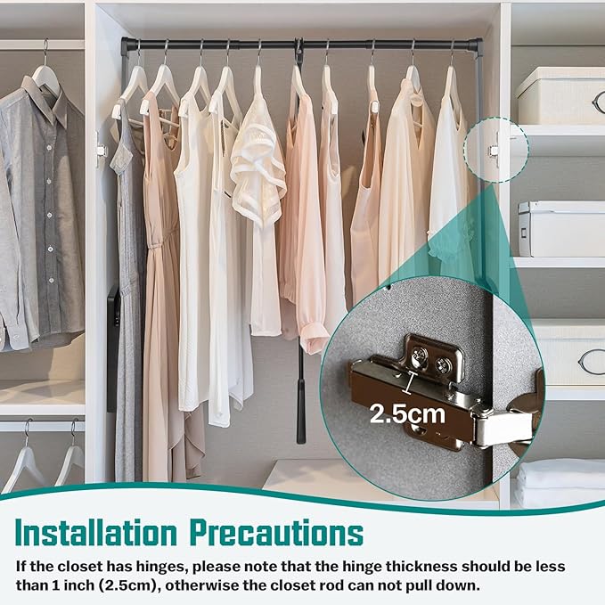 Pull Down Closet Rod, Adjustable 26-35 Inch Wardrobe Lift Rail Organizer Two-way Buffering Heavy Duty Wardrobe Hanger for Cabinet, Organizer Storage System Side Mounted, 33 lbs Load Capacity