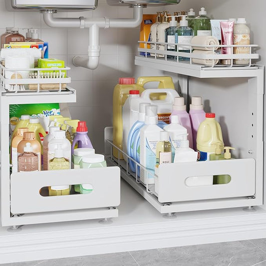 Under Sink Organizer Upgrade To Professional Rails,2-Tier Dual Pull Out Cabinet Storage,Height Adjustable Slide Out Drawers For Bathroom Kitchen,2 Pack-18.5"Dx12.8"-16.9"H,White