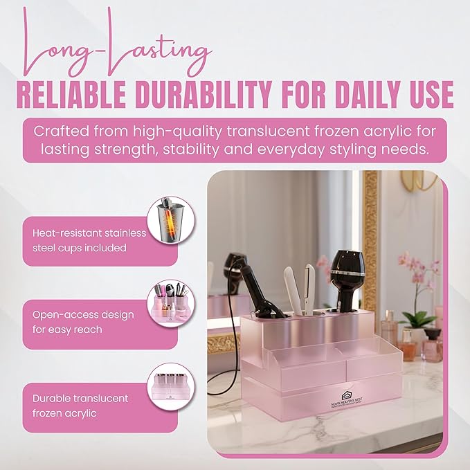 NovaHeavensNest Premium Vanity Hair Tool Organizer Translucent Frozen Acrylic | Large Bathroom Organizer Countertop & Drawer Storage for Hair Tools | Slip-Resistant Hairdryer & Curling Iron Holder