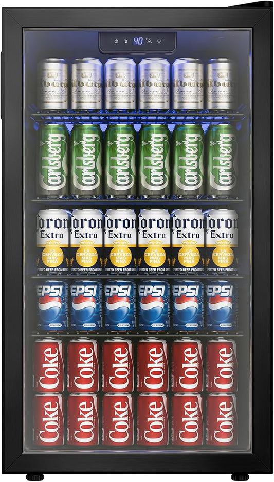 Beverage Refrigerator Cooler, 126 Can Mini Fridge with Glass Door for Wine, Soda Beer, Beverage Cooler for Home, Bar, Office with Adjustable Removable Shelves, Black