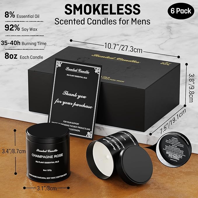 Scented Candles for Men - 6 Pack Masculine Scented Candles Set, 8oz Natural Soy Wax Candles with Essential Oils, Long Lasting Aromatherapy Candle Gift of Father, Husband, Men