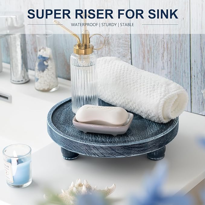 EOSAHR Decorative Display Risers for Living Room Decor - Farmhouse Wood Pedestal Stand for Kitchen Sink Organizer - Perfume Organizer for Bathroom Decor (Blue)