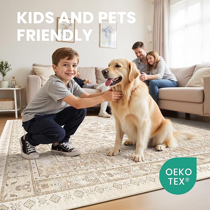 zesthome 8x10 Area Rugs for Living Room,Non-Slip Backing Washable Rugs,Vintage Large Area Rug，Stain Resistant Home Decor Rug