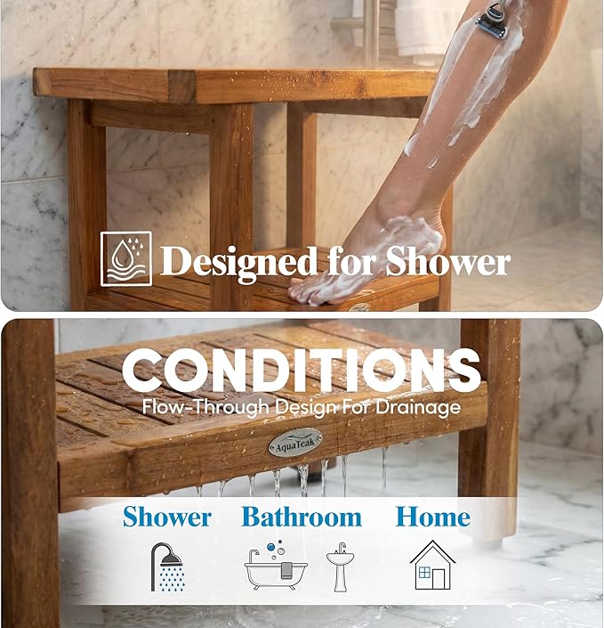 AquaTeak The Original 24" Spa Teak Shower Bench with Shelf