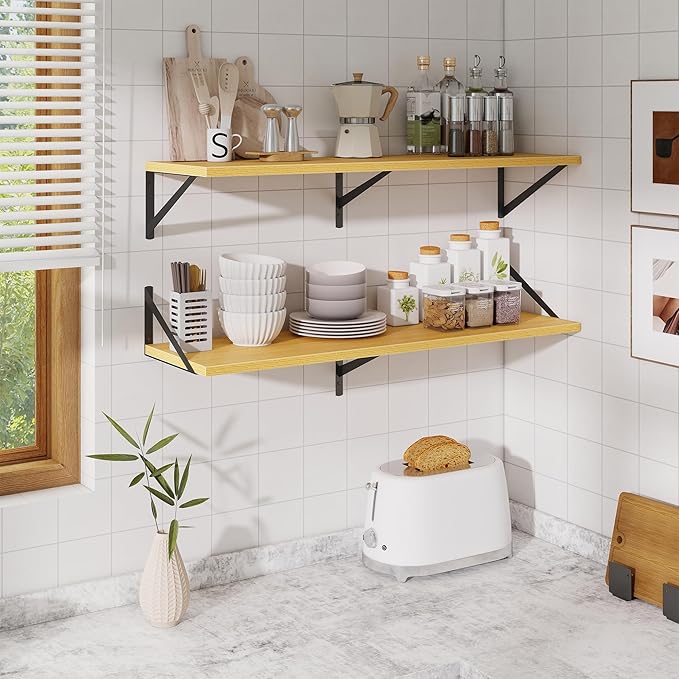 Floating Shelves for Wall,40" Wall Mounted Shelves Set of 2,Long Wood Floating Shelves,Hanging Wide Display & Storage Shelf with Metal Brackets for Bathroom,Bedroom,Kitchen,Living Room,Oak