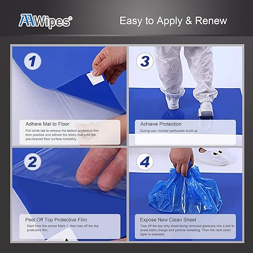 AAwipes Sticky Mat Tacky Pads Adhesive 24" x 36" 5 Packs, 30 Sheets/Packs, 150 Sheets Total Blue Cleanroom Floor Mats Remove Dirt for Laboratory Construction Hospital Shoes
