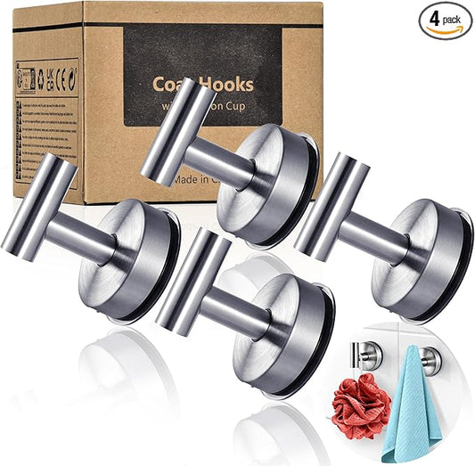 YOHOM Suction Cup Hooks for Shower Wall Bathrooms Towels Hook for Glass Door Heavy Duty Stainless Steel No Drill for Glass Doors, Window, Tile, Mirrors, Holds Up to 5lbs (Silver, 4 pcs)