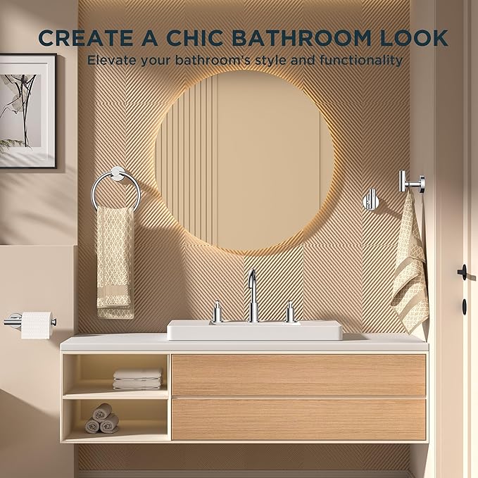 FORIOUS 4 Piece Bathroom Accessories, SUS304 Stainless Steel Toilet Paper Holder, Towel Ring and 2 Towel Hooks, Wall Mounted Bathroom Hardware Set (Chrome)