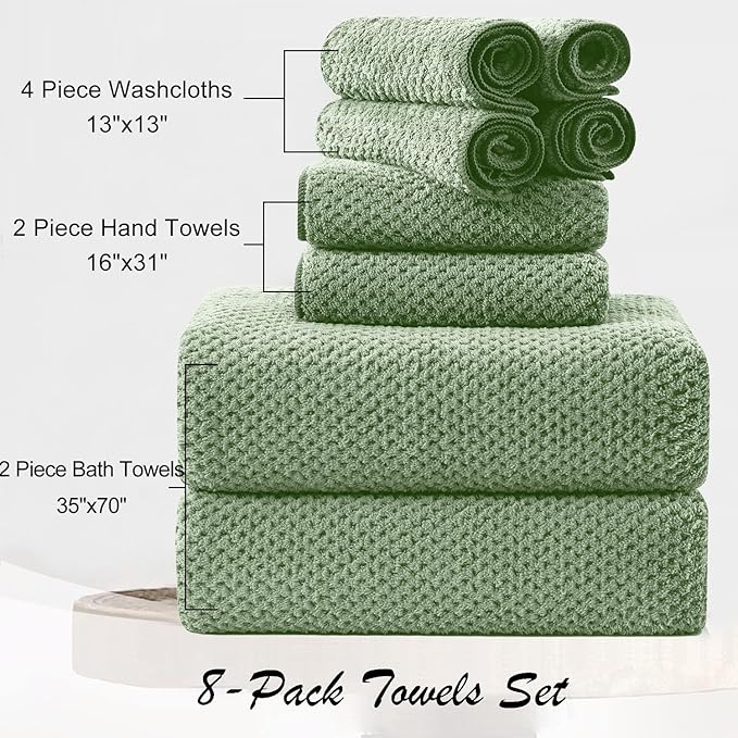 Oliven 8 Piece Green Family Bath Towel Set-2 Oversized Bath Towel Sheets,2 Hand Towels,4 Washcloths-600GSM Soft Highly Absorbent Quick Dry Beach Chair Towels Woven Towels for Bathroom Hotel and Spa