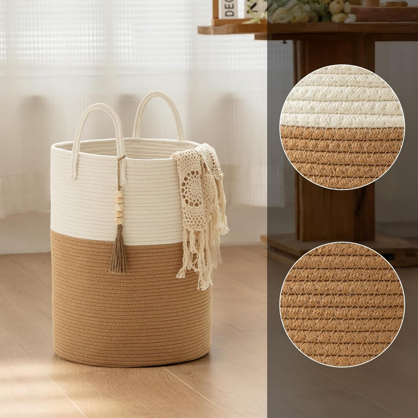 Boho Cotton Rope Storage Basket with Wooden Tassels