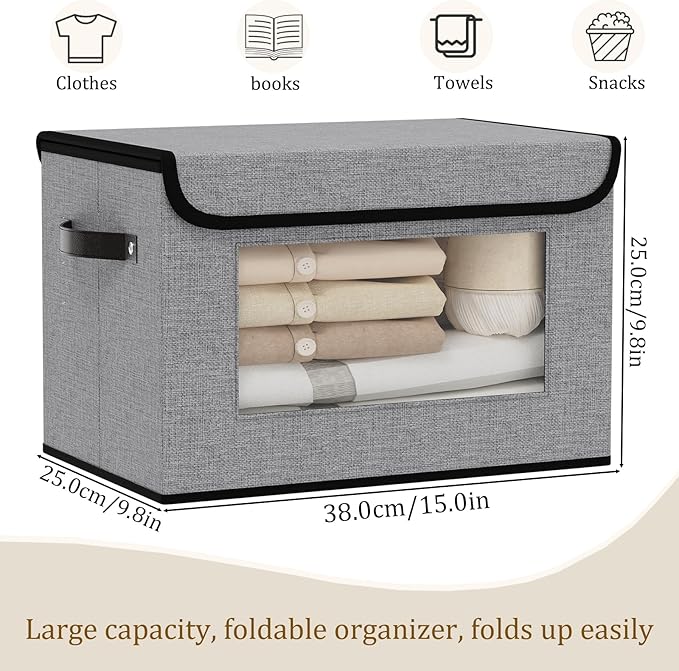 Fabric Storage Basket with Lid, Decorative Linen Closet Organizer, 15 x 9.8 x 9.8 Inch storage box with Handles, Gray, 1-Pack