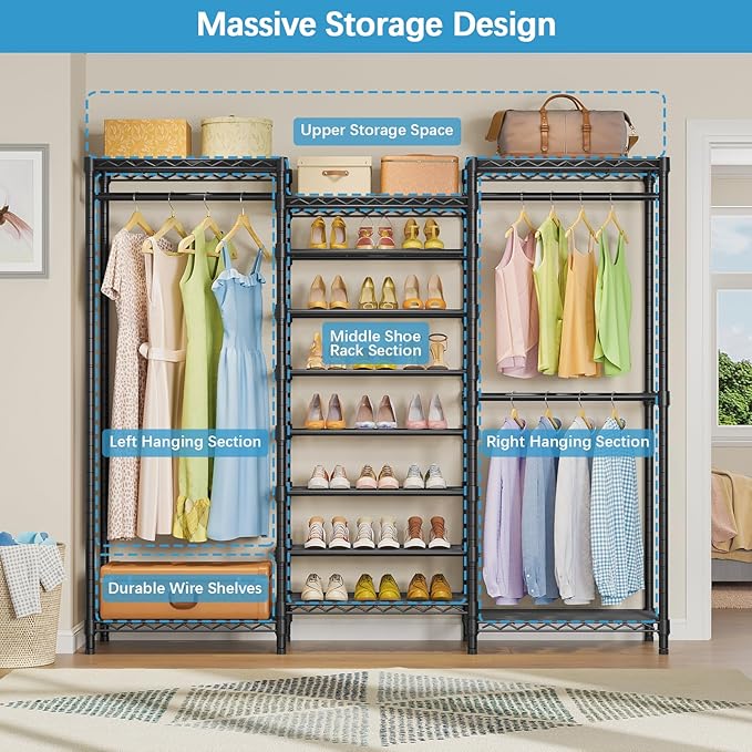VIPEK S3C Heavy Duty Portable Closet with Adjustable Shoe Rack Wire Shelf, Large Wardrobe Organizer for Bedroom Storage, Freestanding Clothes Rack with Hanging Rod, Custom Black Rack with Grey Cover