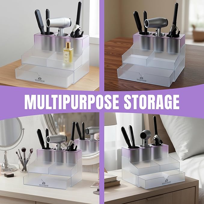 NovaHeavensNest Premium Vanity Hair Tool Organizer Translucent Frozen Acrylic | Large Bathroom Organizer Countertop & Drawer Storage for Hair Tools | Slip-Resistant Hairdryer & Curling Iron Holder