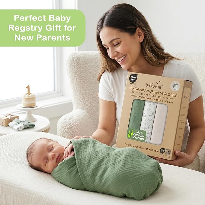 Organic Cotton Muslin Baby Blanket - 47x47 Inch Breathable Swaddle, Hypoallergenic Double-Layer, Versatile Use (Green/Ivory/Floral, 38x40 Inch)