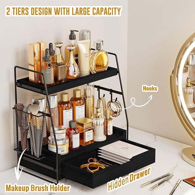 2 Tier Bathroom Counter Organizer Wood - Tiered Bathroom Countertop Shelf with Drawer, Removable Basket & 2 Hooks, Makeup Vanity Organizer for Skincare Perfume Toiletries, 13'' Black