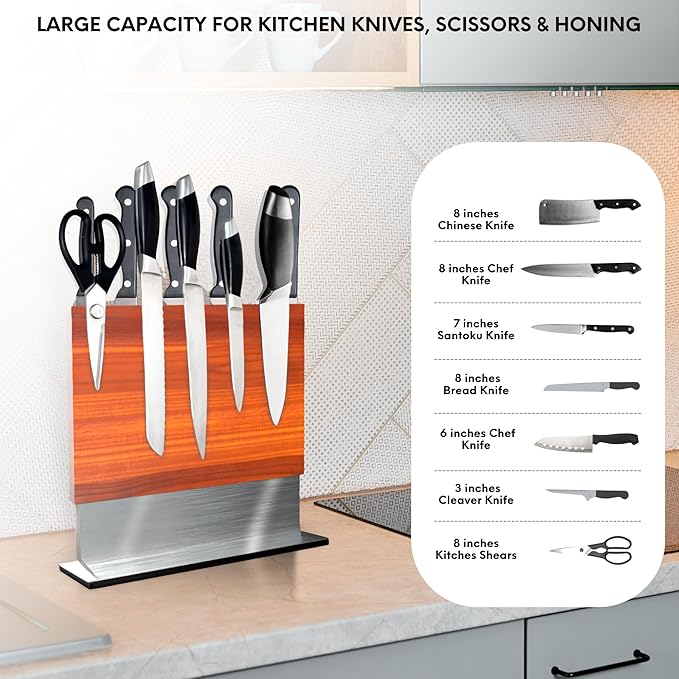 FOSSTA PRODUCTS Magnetic Knife Block – Acacia Wood Double-Sided Knife Holder with Steel Base & Strong Magnets, Modern Kitchen Knife Storage Stand (Knives Not Included)