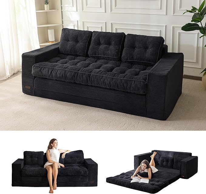 MAXYOYO Convertible Sofa Bed, Pull Out Oversized Loveseat Sleeper Sofa, Fold Out Floor Couch with Pillows for Living Room Bedroom Lounge, Black