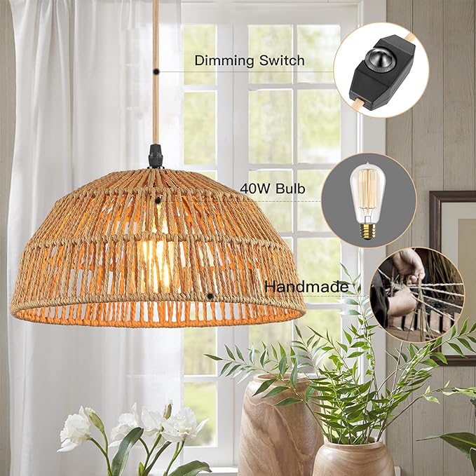 Plug in Pendant Light, Farmhouse Hanging Chandelier Lights with 15ft Golden Cotton Cord, Ceiling Lamp with Dimmable Switch, for Kitchen Island Living Room-2 Pack (Bulb & 4 Swag Hooks Included)