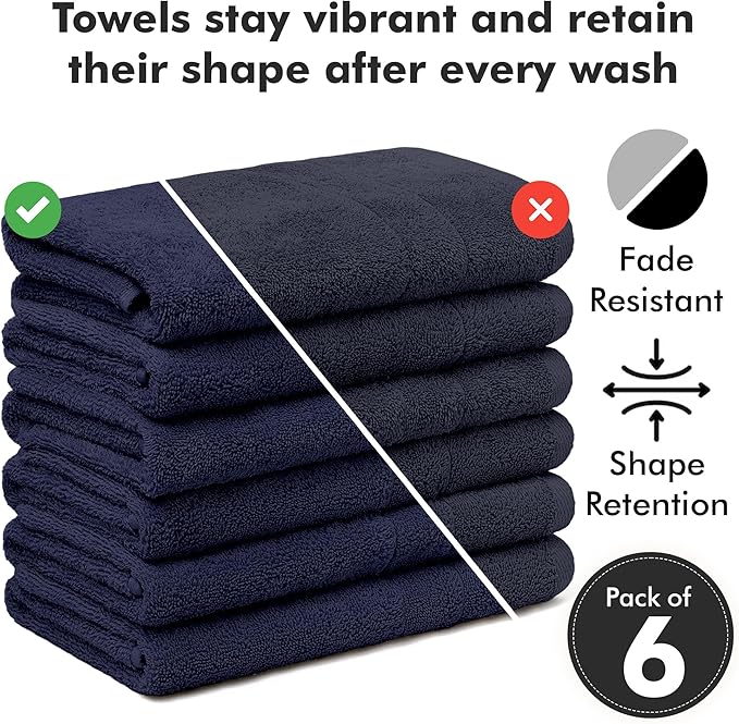 100% Cotton Hand Towels for Bathroom – Soft & Absorbent Towel Set– Pack of 6 Small Towel (34x20in) – Quick Dry Luxury Cotton Hand Towels – Navy Blue