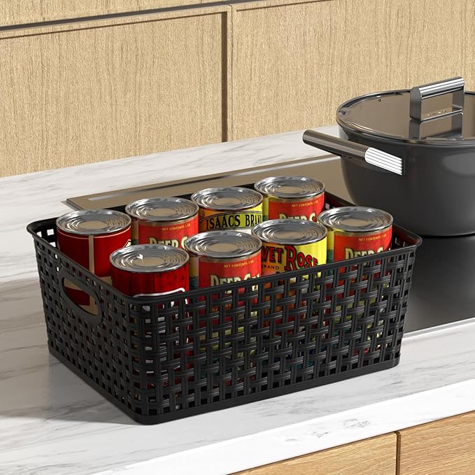 4 Packs Woven Plastic Storage Baskets, Plastic Basets Medium, Black