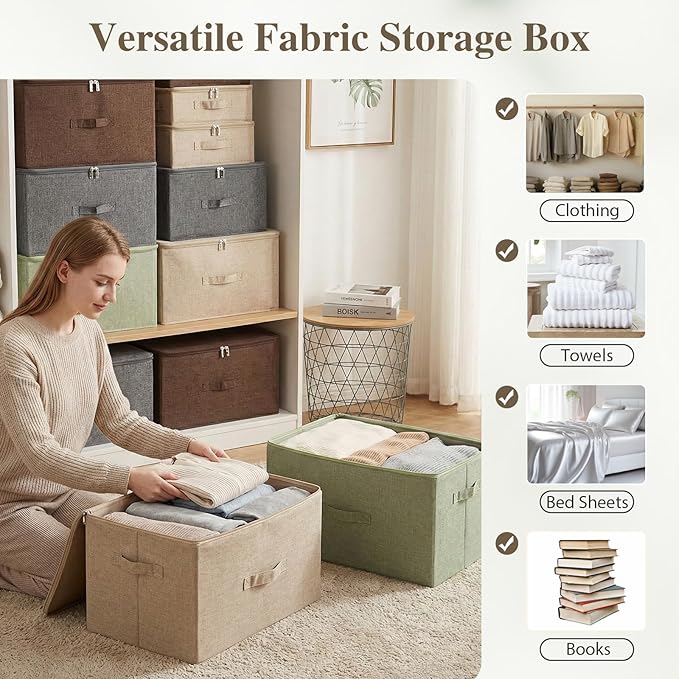 ANMINY Storage Bins with Zipper Lid Storage Boxes with Handles PP Plastic Board Foldable Lidded Cotton Linen Fabric Home Cubes Baskets Closet Clothes Toys Organizer Containers - Coffee, Medium Size