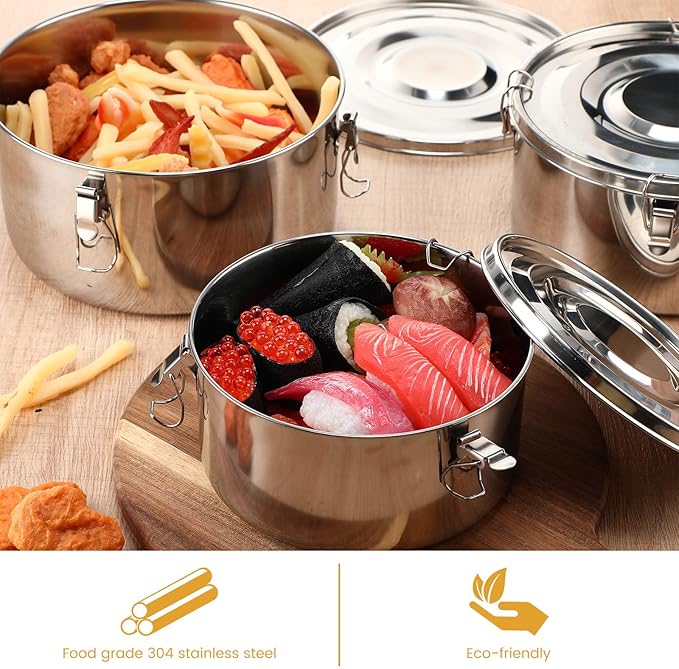 3 Pcs Small Stainless Steel Bento Box Reusable 304 Stainless Steel Food Storage Containers with Lockable Clips to Leak Proof, Dishwasher Safe(54 Oz, 74 Oz, 101 Oz)