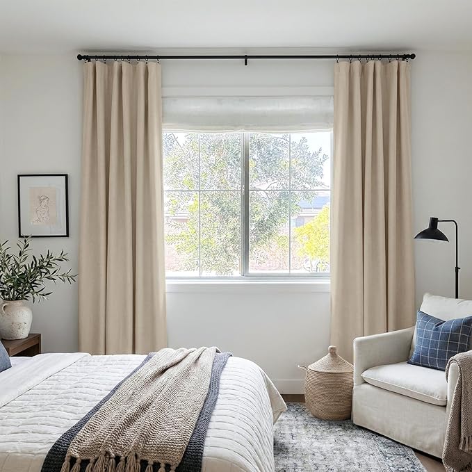 INOVADAY 100% Blackout Curtains for Bedroom, Black Out Curtains 84 Inch Long, Clip Rings Linen Blackout Drapes, Thermal Insulated Room Darkening for Living Room, 2 Panels - Burlywood Birch,W50xL84