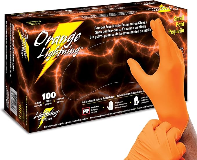 Atlantic Safety Products Orange Lightning Exam Gloves, Disposable, Powder-Free Nitrile Gloves, Orange, Small, 100-Ct