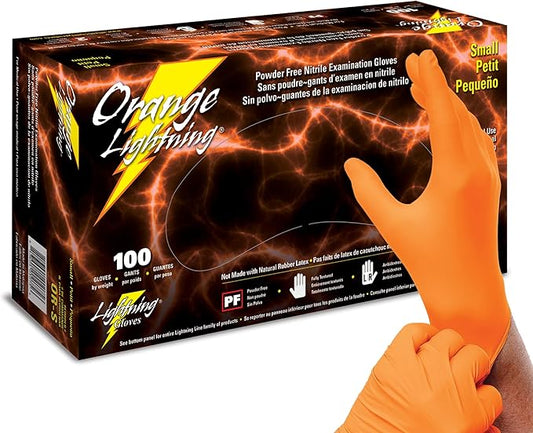 Atlantic Safety Products Orange Lightning Exam Gloves, Disposable, Powder-Free Nitrile Gloves, Orange, Small, 100-Ct