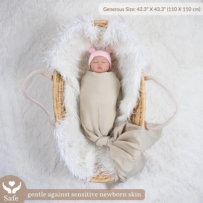 Meracorallo Muslin Swaddle Blanket, 100% Cotton Receiving Blanket Soft and Breathable Swaddle Wrap for Baby Boys and Girls, Beige
