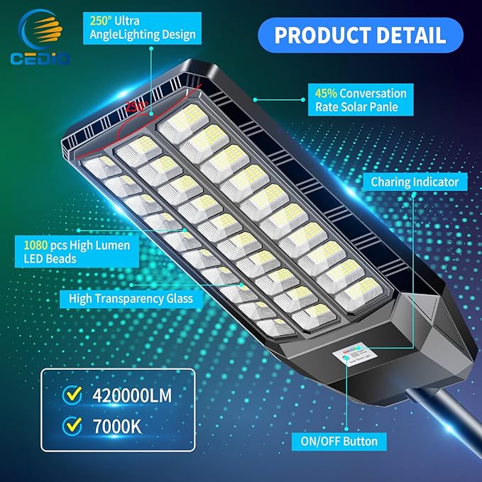 CEDIO Outdoor Solar Street Lights, Solar Lights IP66 Waterproof LED Street Light Dusk to Dawn, Flood Light with Motion Sensor for Yard (8500W-2PACK)
