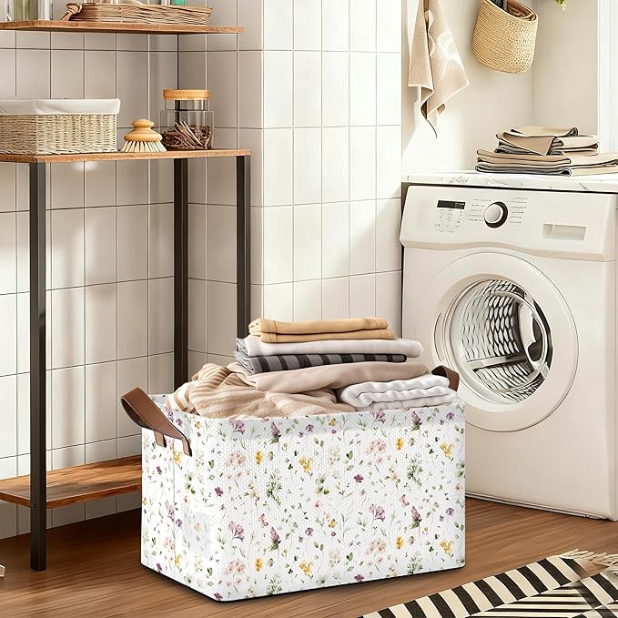32L Large Storage Bins with Handles, Basket Organizer for Shelves, Closet, Books, Laundry & Home Decor (Meadow Flower)