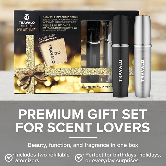 Lux Perfume Atomizer Gift Set Black & Silver - 2 Pc Leak-Proof, Airtight, Easy to Fill Mini Spray Bottles - Travel Size Perfume Refill Bottle with Polished Metal Alloy Outer Shell