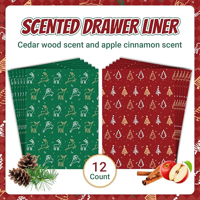 SCENTORINI Christmas Drawer Liners for Dresser, Set，Apple Cinnamon, Cedar, 12 Sheets for Home Shelf Closet Christmas Decoration Gifts
