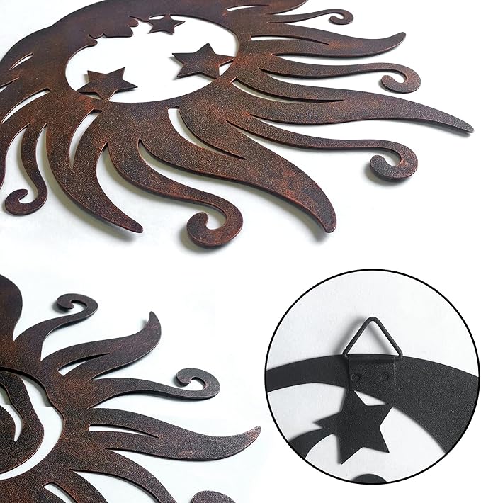Limygus Sun Moon Metal Wall Art - Rust Colored Rust Proof Wall Sculpture Set of 3 for Indoor & Outdoor Decor for Bedroom, Garden, Patio, Farmhouse