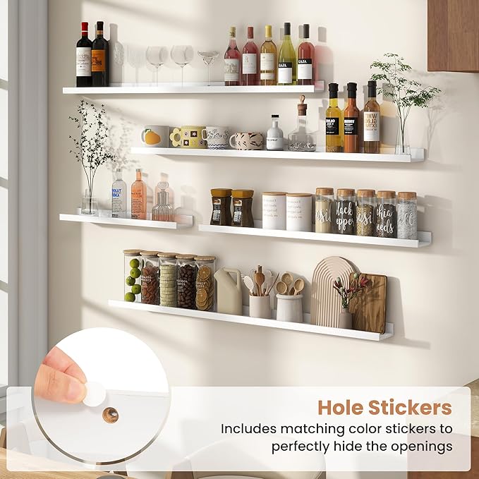 Fun Memories Picture Ledge Shelves Set of 4, 48 Inch Rustic Wall Mounted Floating Shelves with Lip for Home Storage and Décor in Bathroom, Kitchen, Nursery, Bedroom, Living Room, White
