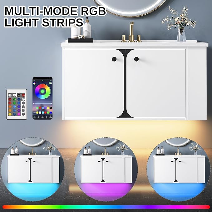 IRONCK 36 Inch Bathroom Vanity with Sink, Wall Mounted Floating Vanity with LED Light & Open Side Shelf, High Gloss Modern Bathroom Cabinet for Small Space, White