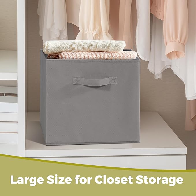 Storage Bins, 11 Inch Fabric Storage Cubes, Collapsible Cube Storage Box, Fabric Closet Organizers with Handle for Home, Office, Shelf Cabinet, Closets, Bedroom, Living Room, Grey, 10 Set
