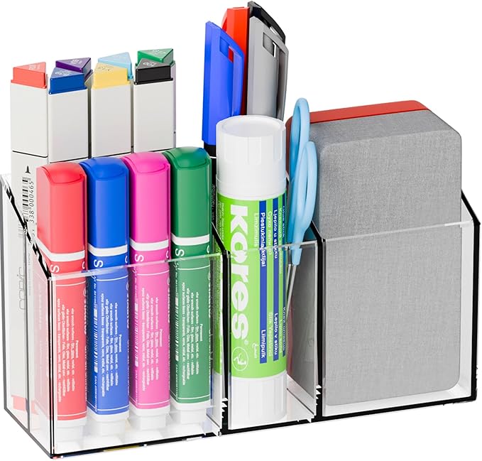 Yieach Magnetic Whiteboard Marker Holder - And With Adhesive for Wall- Non Slip Acrylic Expo Magnetic Cup for Dry Erase Markers,4 Compartment Clear Magnet Pen Holder for Fridge,Classroom Organizer,1Pc