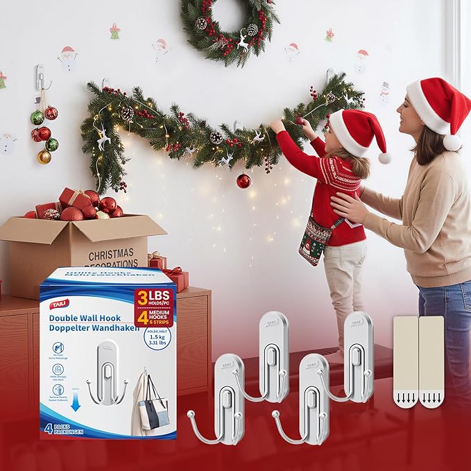 TAILI Adhesive Hooks for Hanging, 4 Coat Hooks & 6 Strips, Heavy Duty No-Drill Removable Large Wall Hanger for Towel, Backpack, Hat, Door,Kitchen Home Decor, Decorative Key Holder - Silver