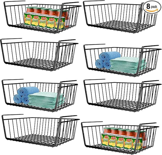 8 PACK Hanging Under Shelf Storage Basket Kitchen Cabinet Organizer Storage, Slides Under Wire Shelves for Counter Pantry Desk Bookshelf,Black