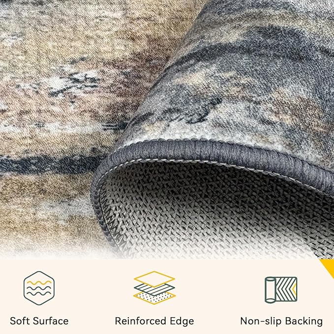 Washable Area Rugs 9'x12' Non-Slip Modern Abstract Soft for Living Room Entryway Bedroom Nursery, Print Pattern, Charcoal Brown