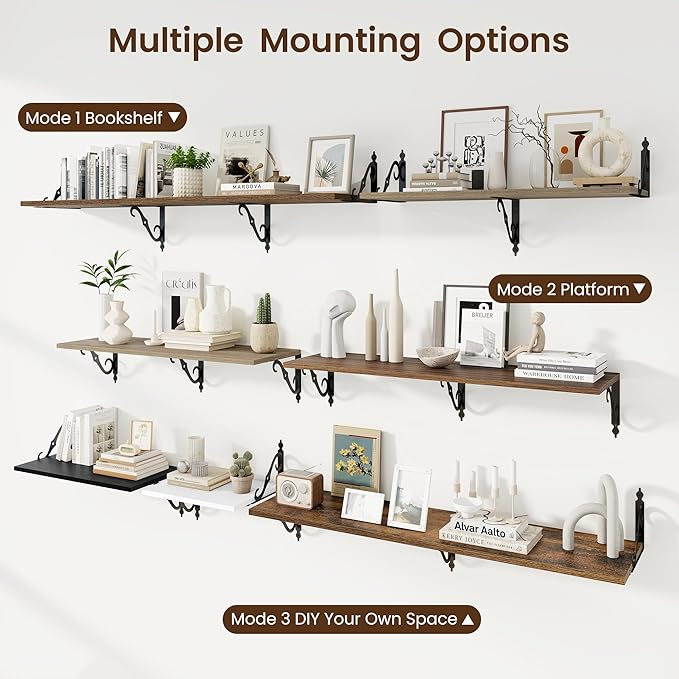 RICHFOCUS 12 Inch Deep Floating Shelves for Wall, 48" W x 12" D Wood Wall Shelves Set of 2, Wide Floating Shelves for Living Room, Bedroom, Kitchen, Bathroom and Decor Storage, White