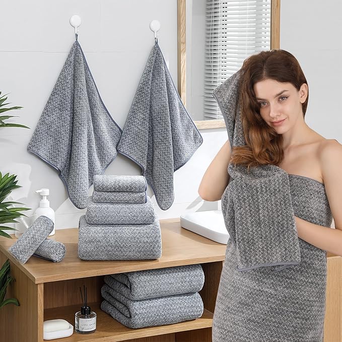 18 Piece Bath Towels Set,100% Microfiber Family Bathroom Towel with Hanging Loops-6 Bath Towels,6 Hand Towels,6 Washcloths,Quick Dry Highly Absorbent Shower Towel for Bathroom,Hotel,Spa-Grey
